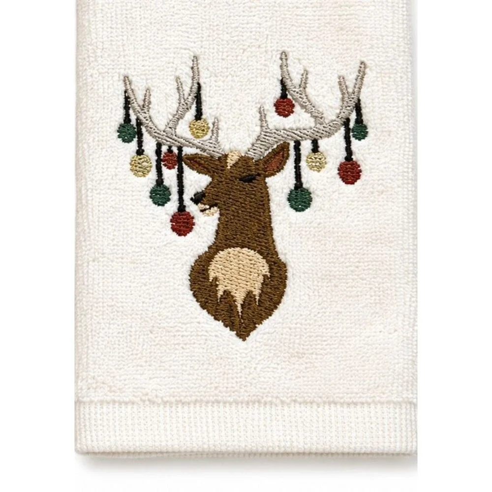 Christmas Fingertip Towels Reindeer Ornaments Embroidered Ivory Holiday Set of 2